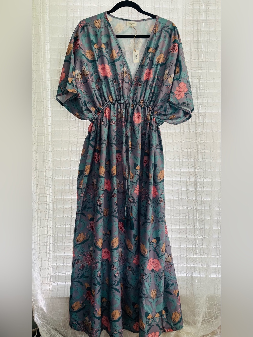 Cost Plus World Market Teal Maxi Dress with Pink and Gold Floral Print